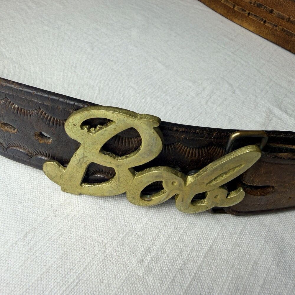 BOB Belt Buckle Brass Leather Belt Men's Size 36 Gabco Made in Hong Kong Vintage